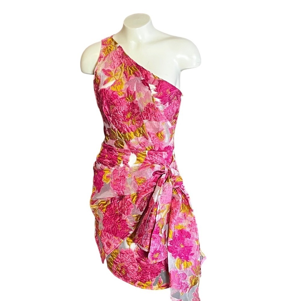 REVERSE Pink Floral One Shoulder Knot Front Mini Dress Size 6